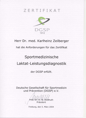 Zertifizierung als DGSP-Experte für sportmedizinische Leistungsdiagnostik - Dr. med. Karlheinz Zeilberger