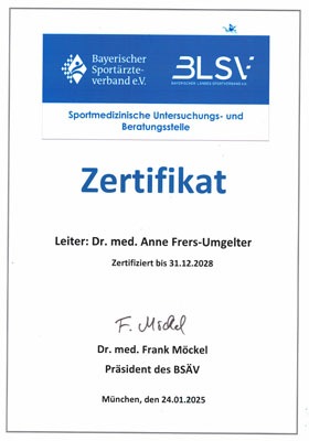 Zertifizierung als Sportmedizinische Untersuchungs- und Beratungsstelle des BLSV