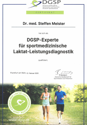 Zertifizierung als DGSP-Experte für sportmedizinische Leistungsdiagnostik - Dr. med. Steffen Meister